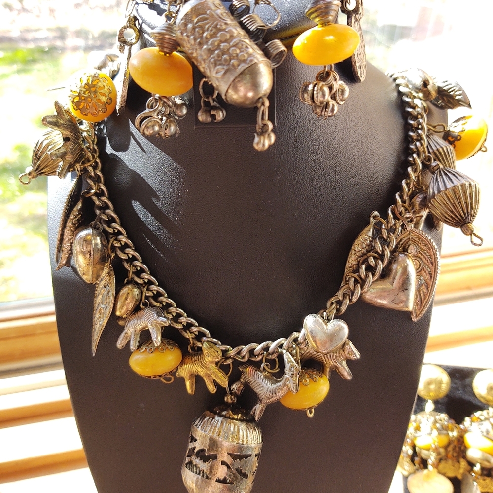Vintage Bohemian Yellow Beaded Chain Necklace, Bracelet & Earrings Set of 3